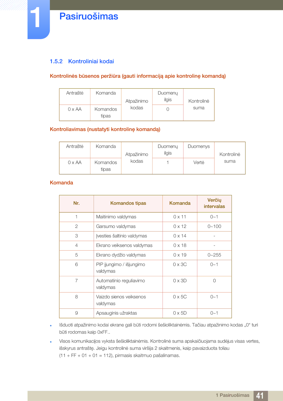 Samsung LH55MEBPLGC/EN manual Kontroliniai kodai, Kontroliavimas nustatyti kontrolinę komandą, Komanda 