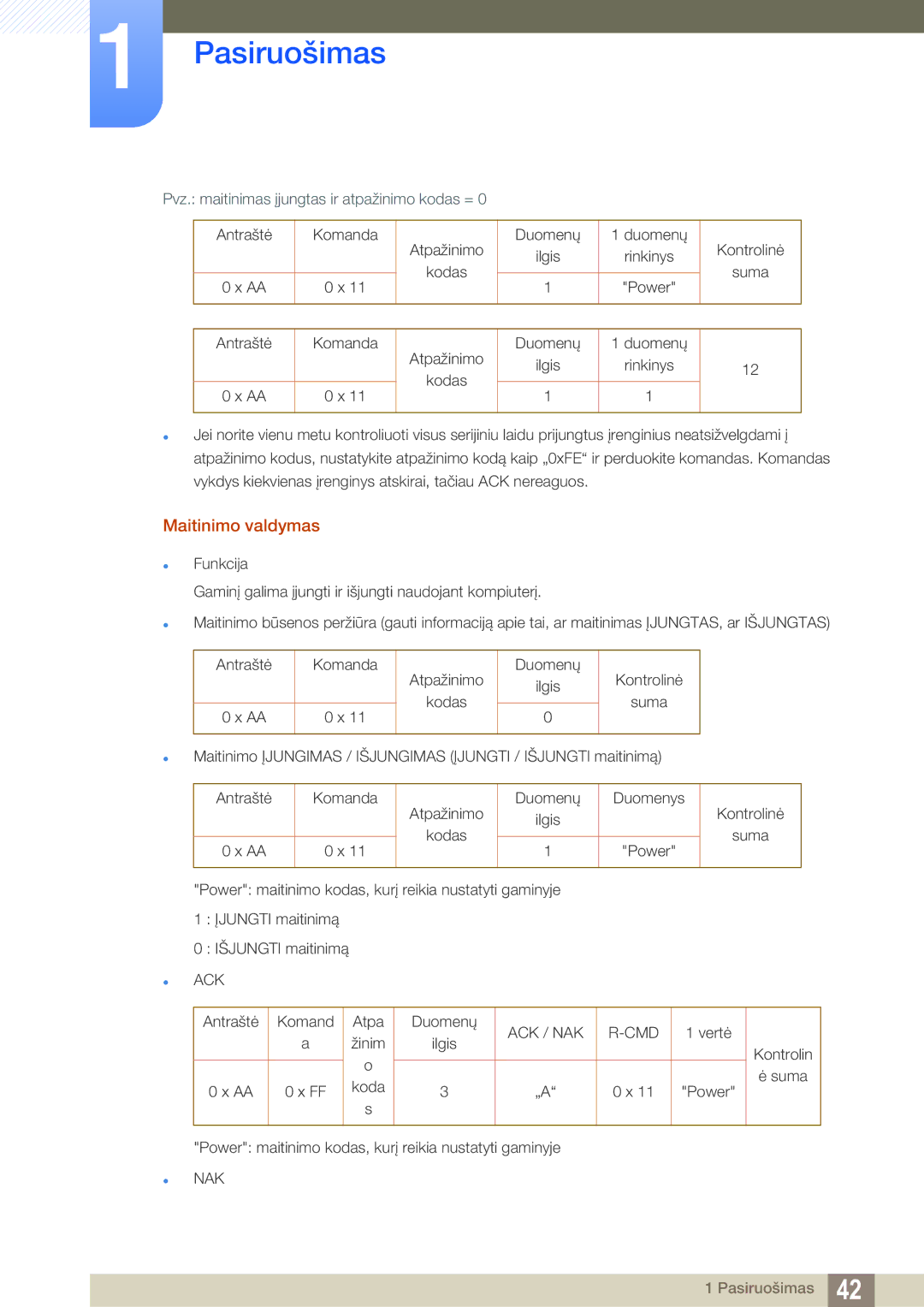 Samsung LH55MEBPLGC/EN manual Maitinimo valdymas, Pvz. maitinimas įjungtas ir atpažinimo kodas = 