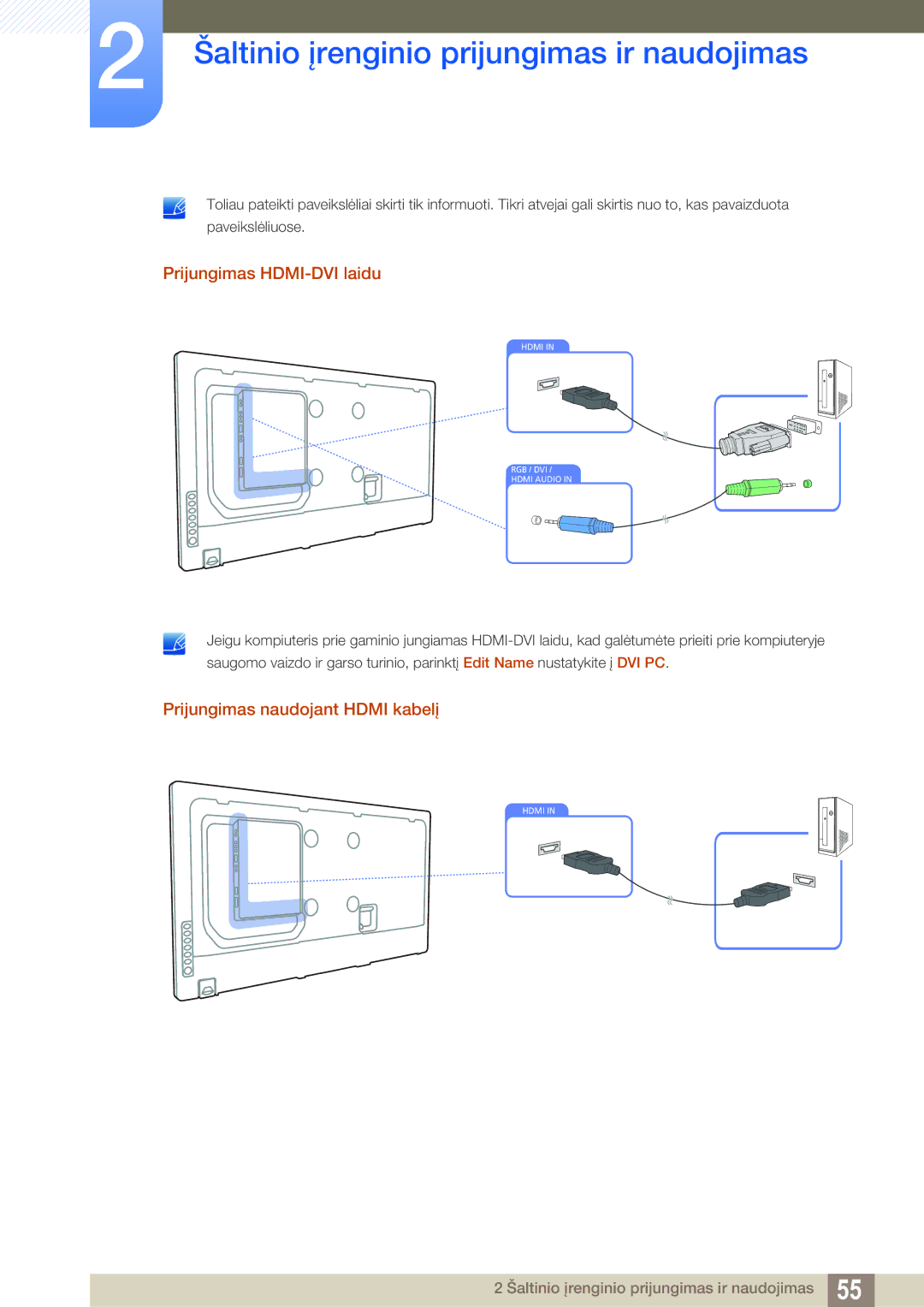 Samsung LH55MEBPLGC/EN manual Prijungimas HDMI-DVI laidu, Prijungimas naudojant Hdmi kabelį 