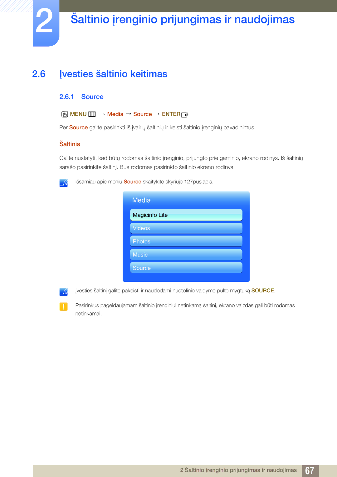 Samsung LH55MEBPLGC/EN manual Įvesties šaltinio keitimas, Šaltinis, Menu m Media Source Enter 