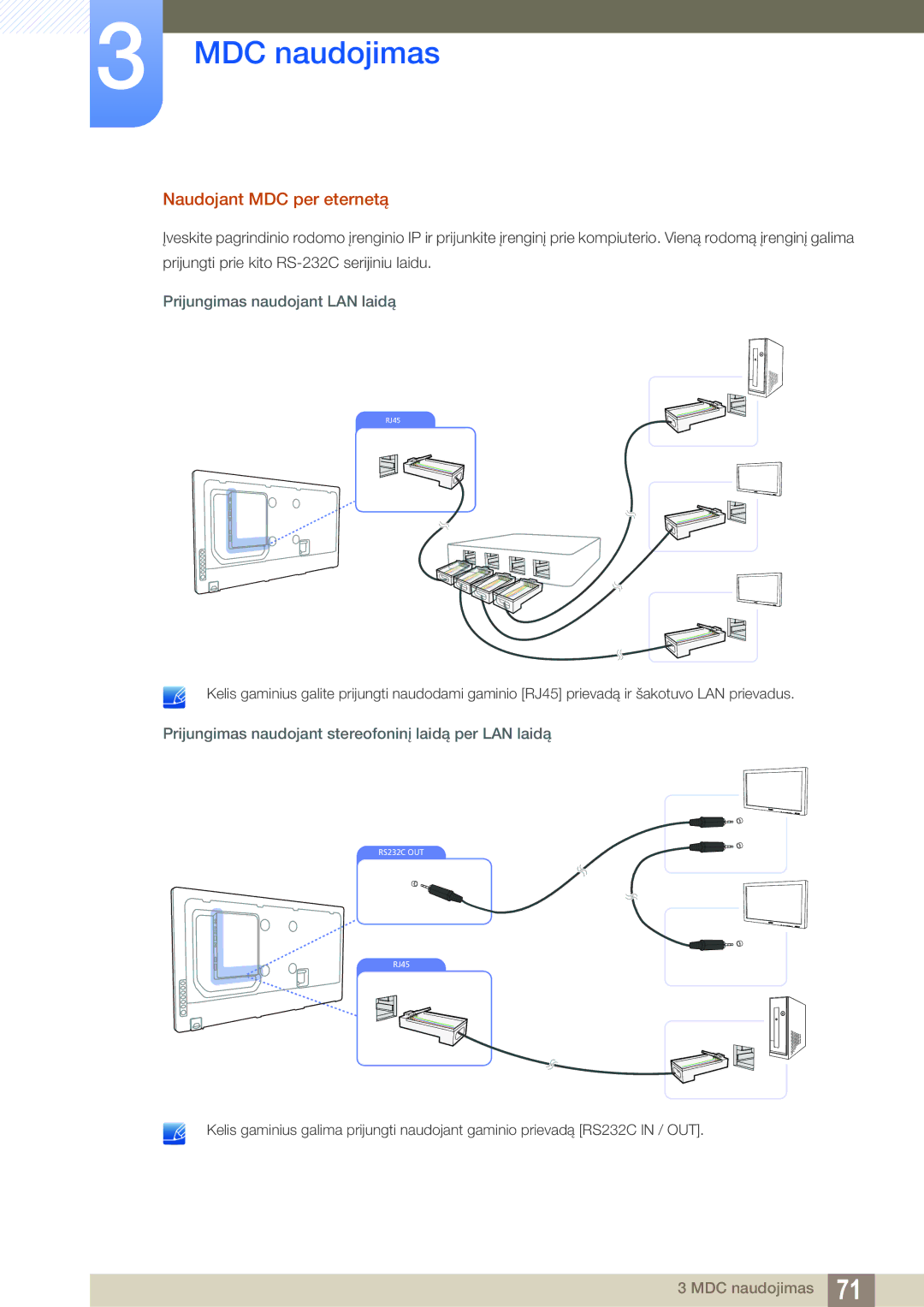 Samsung LH55MEBPLGC/EN manual Naudojant MDC per eternetą, Prijungimas naudojant LAN laidą 