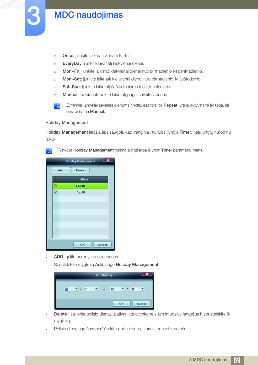 Samsung LH55MEBPLGC/EN manual Holiday Management 