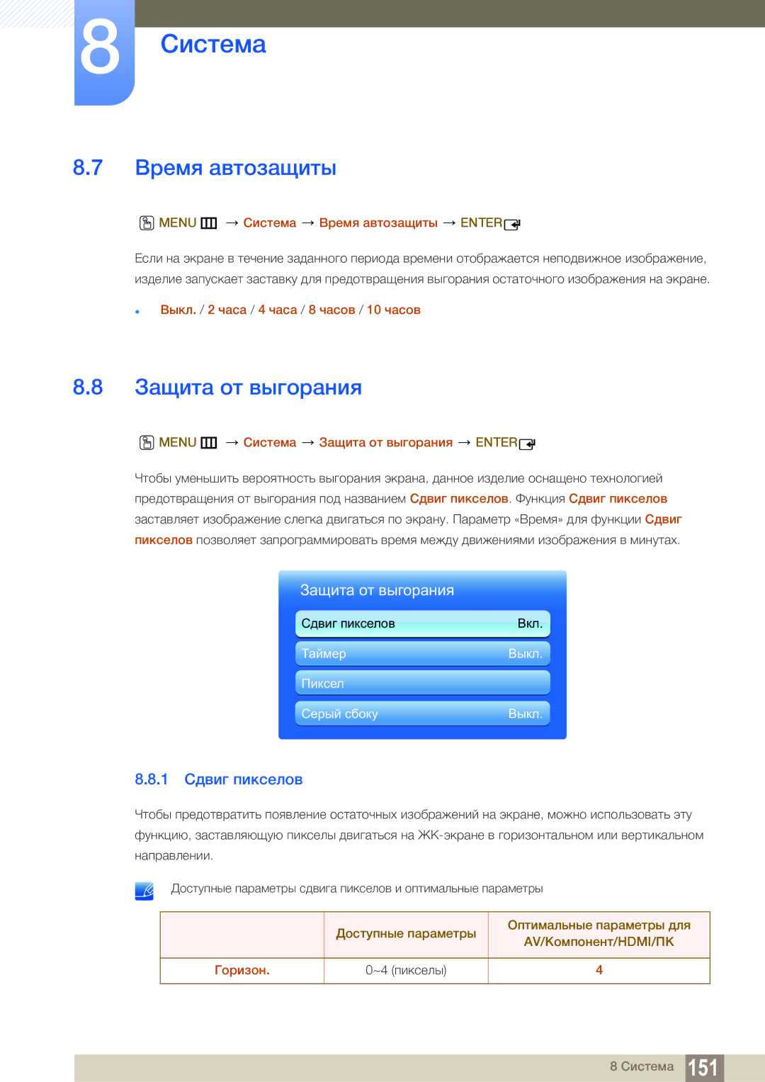 Samsung LH55MEBPLGC/EN manual Время автозащиты, Защита от выгорания, 1 Сдвиг пикселов 