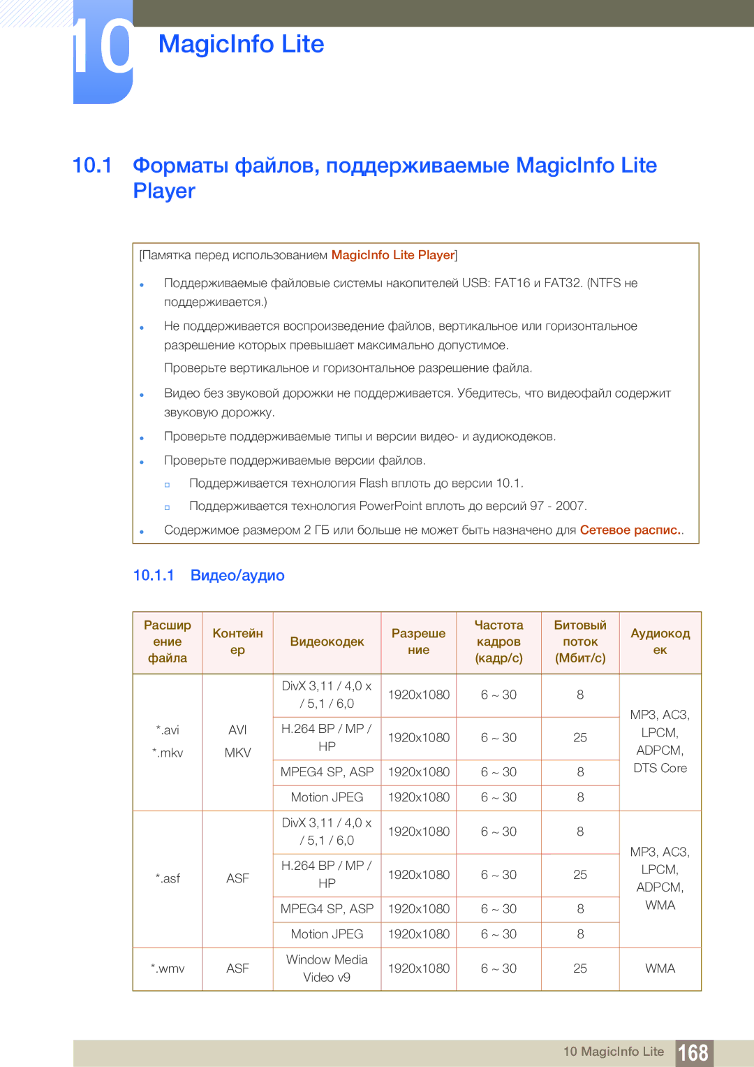 Samsung LH55MEBPLGC/EN manual 10.1 Форматы файлов, поддерживаемые MagicInfo Lite Player, 10.1.1 Видео/аудио 