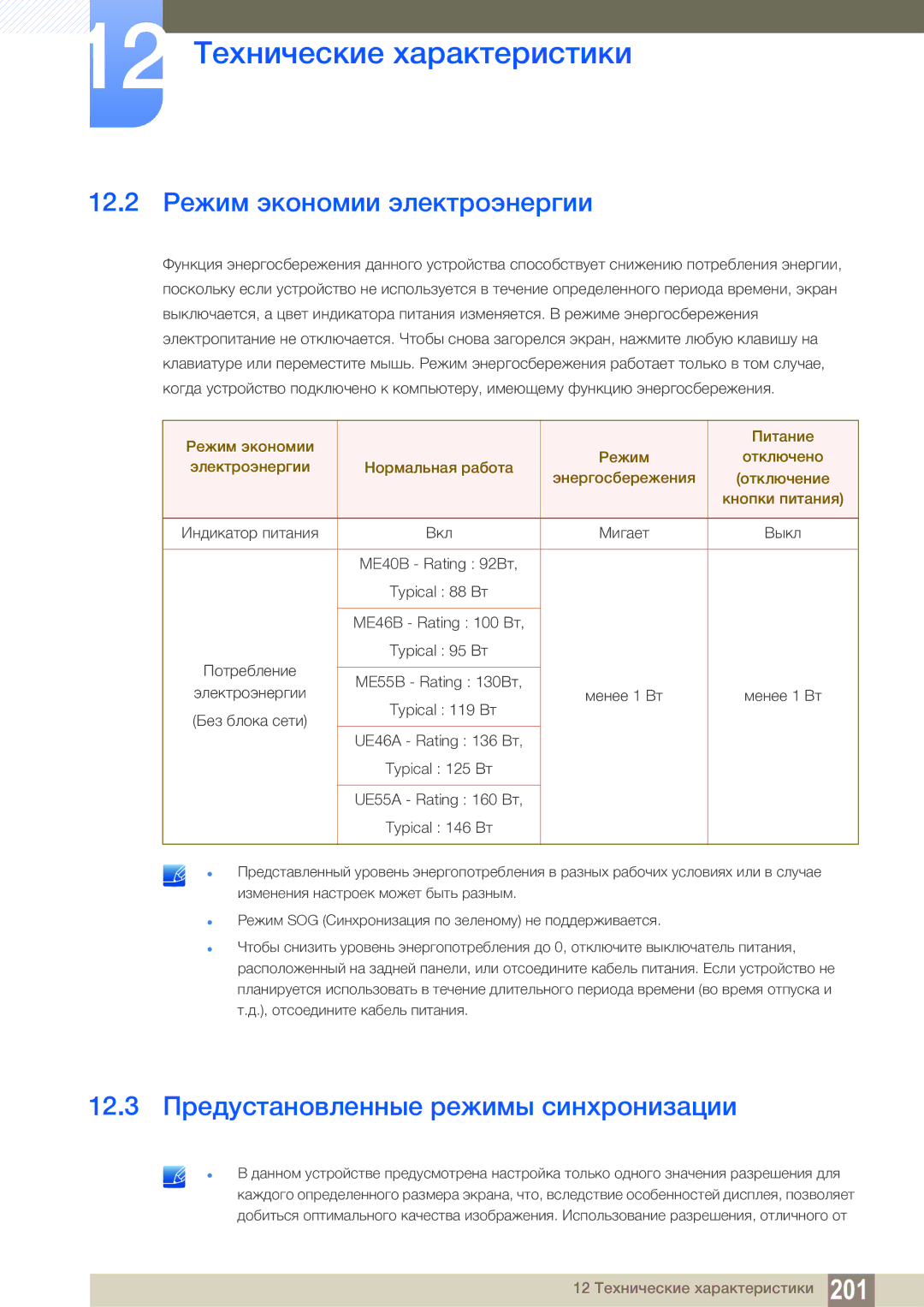 Samsung LH55MEBPLGC/EN manual 12.2 Режим экономии электроэнергии, 12.3 Предустановленные режимы синхронизации 