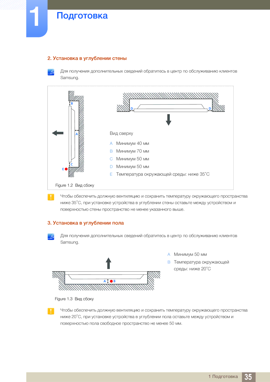 Samsung LH55MEBPLGC/EN manual Установка в углублении стены, Установка в углублении пола 