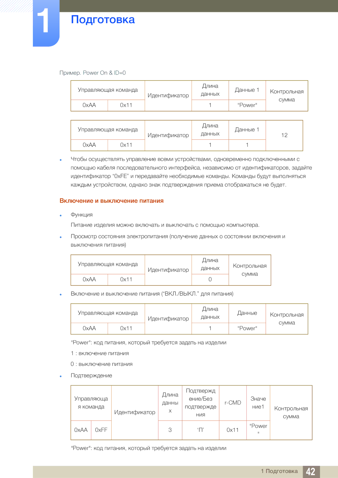 Samsung LH55MEBPLGC/EN manual Включение и выключение питания, Пример. Power On & ID=0 