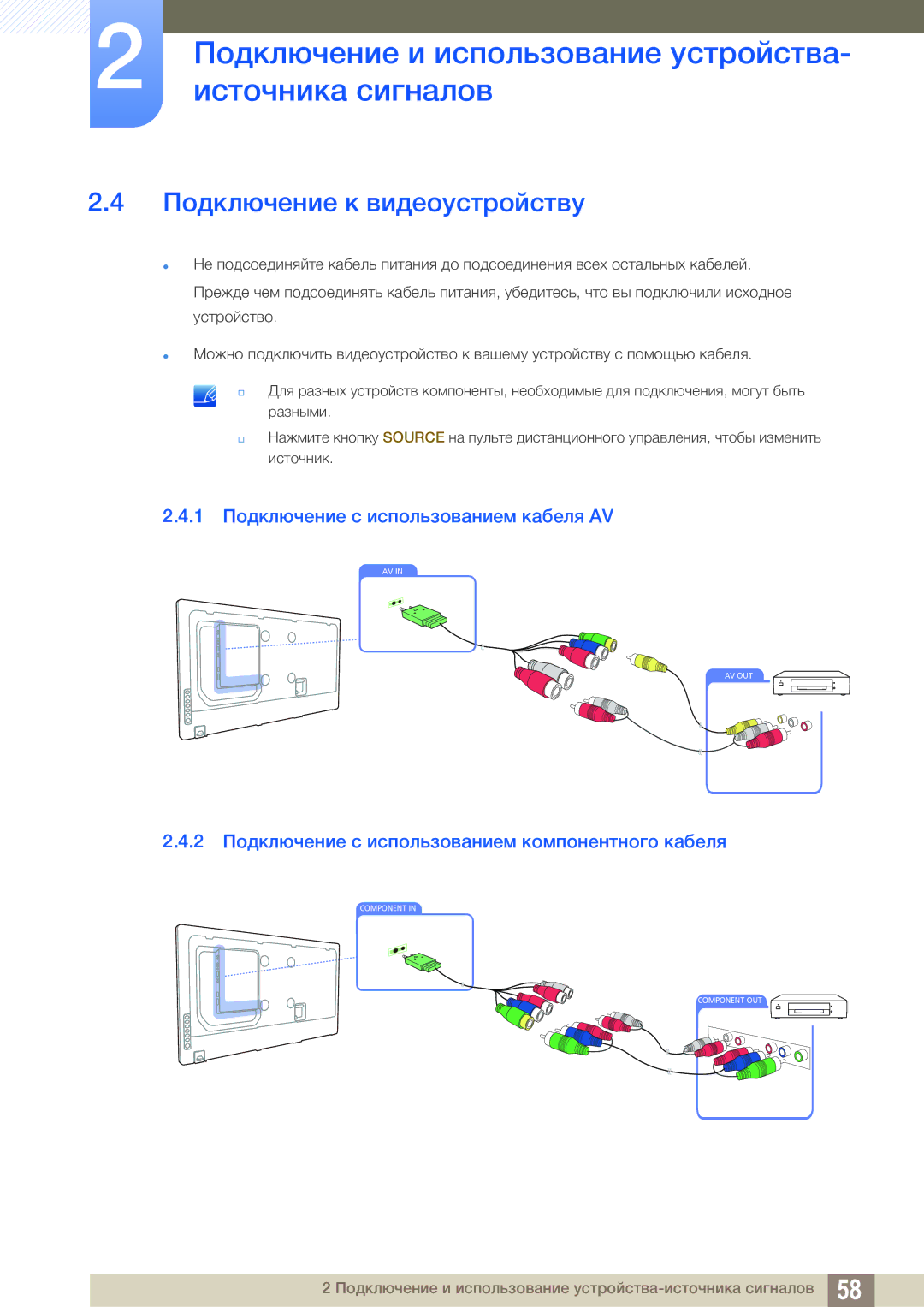 Samsung LH55MEBPLGC/EN manual Подключение к видеоустройству, 1 Подключение с использованием кабеля AV 