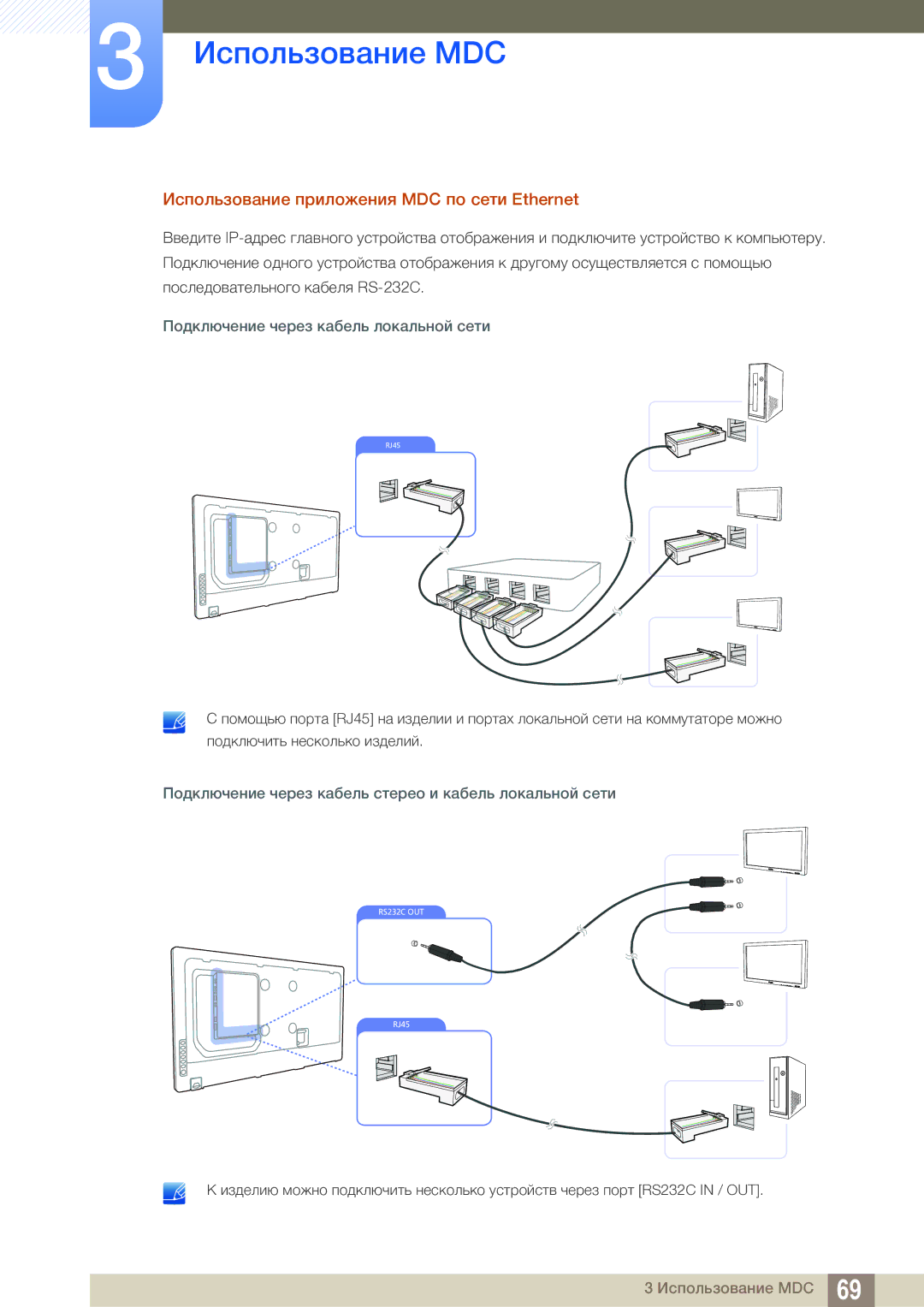 Samsung LH55MEBPLGC/EN manual Использование приложения MDC по сети Ethernet, Подключение через кабель локальной сети 