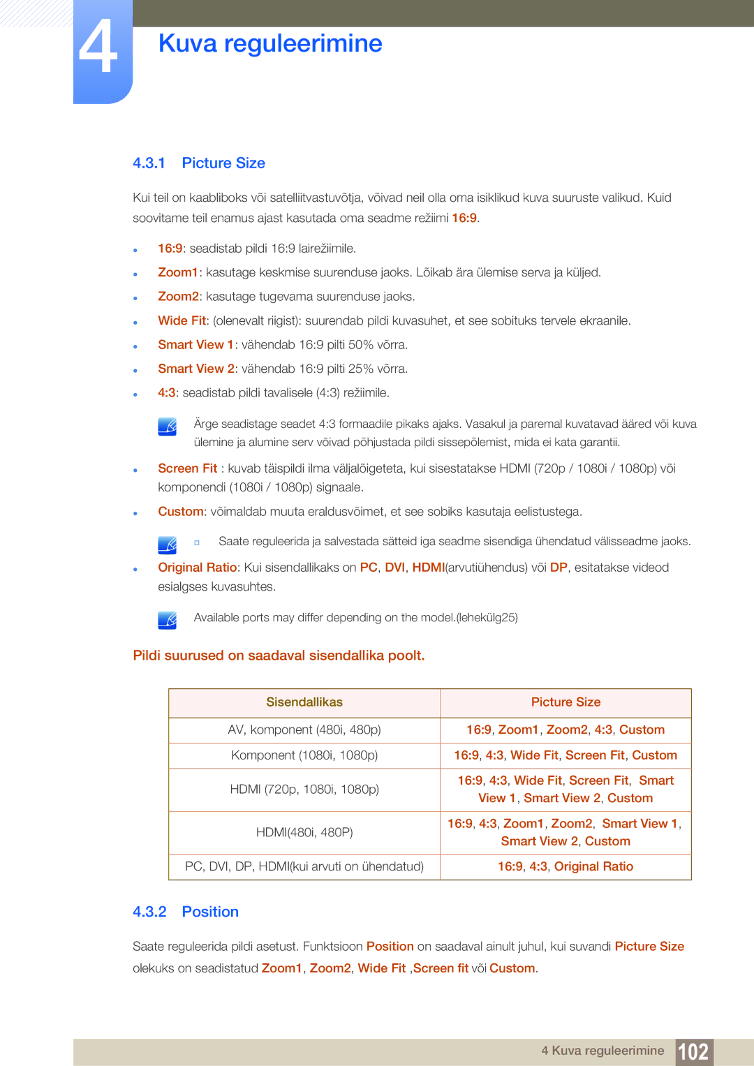 Samsung LH55MEBPLGC/EN manual Picture Size, Position, Pildi suurused on saadaval sisendallika poolt 