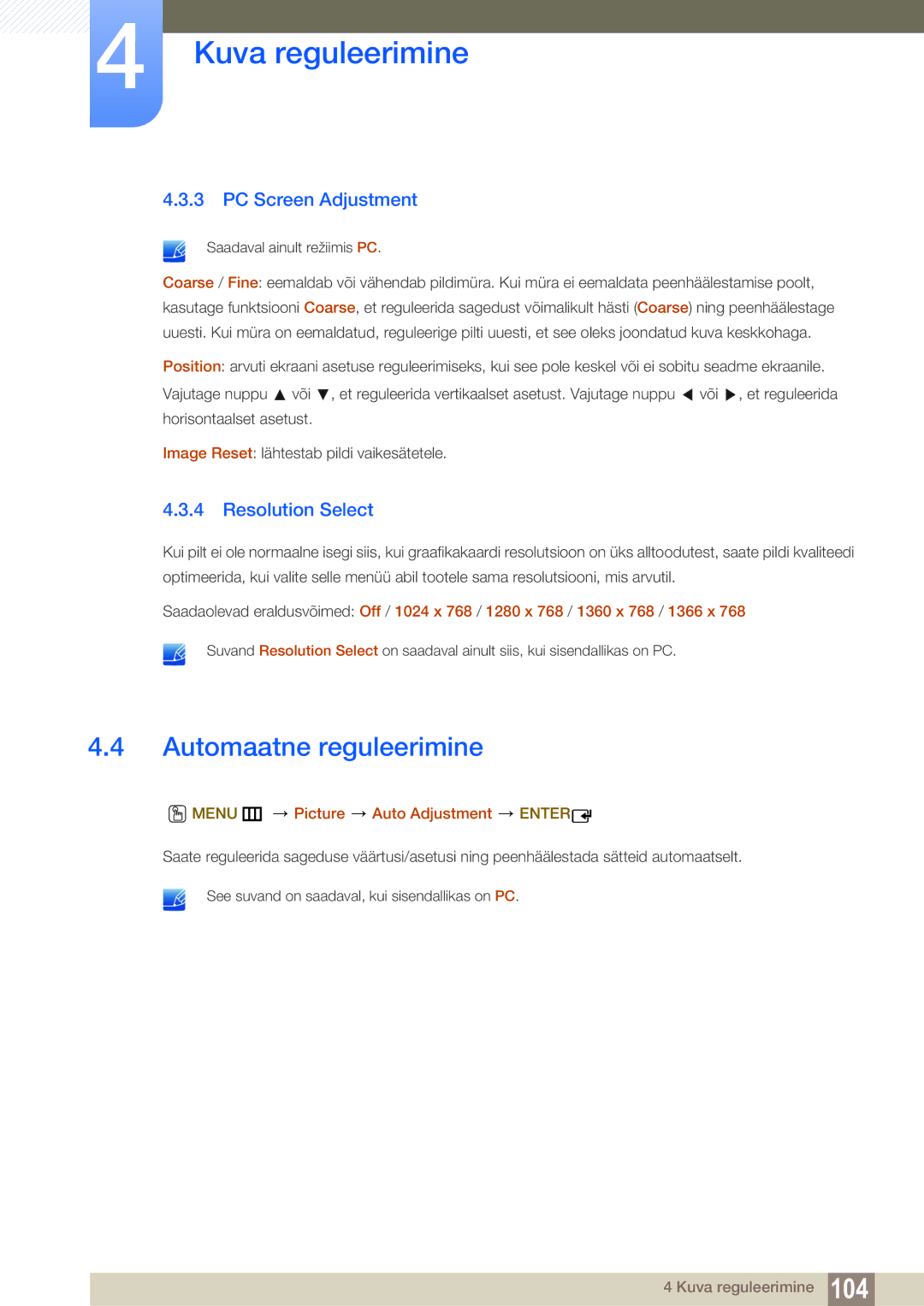 Samsung LH55MEBPLGC/EN manual Automaatne reguleerimine, PC Screen Adjustment, Resolution Select 