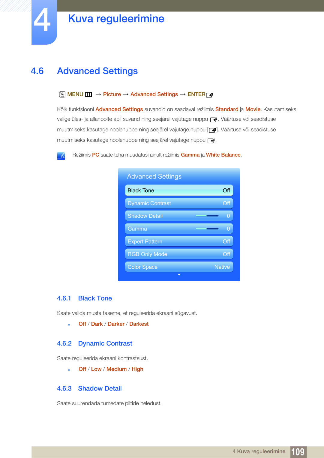 Samsung LH55MEBPLGC/EN manual Advanced Settings, Black Tone, Dynamic Contrast, Shadow Detail 