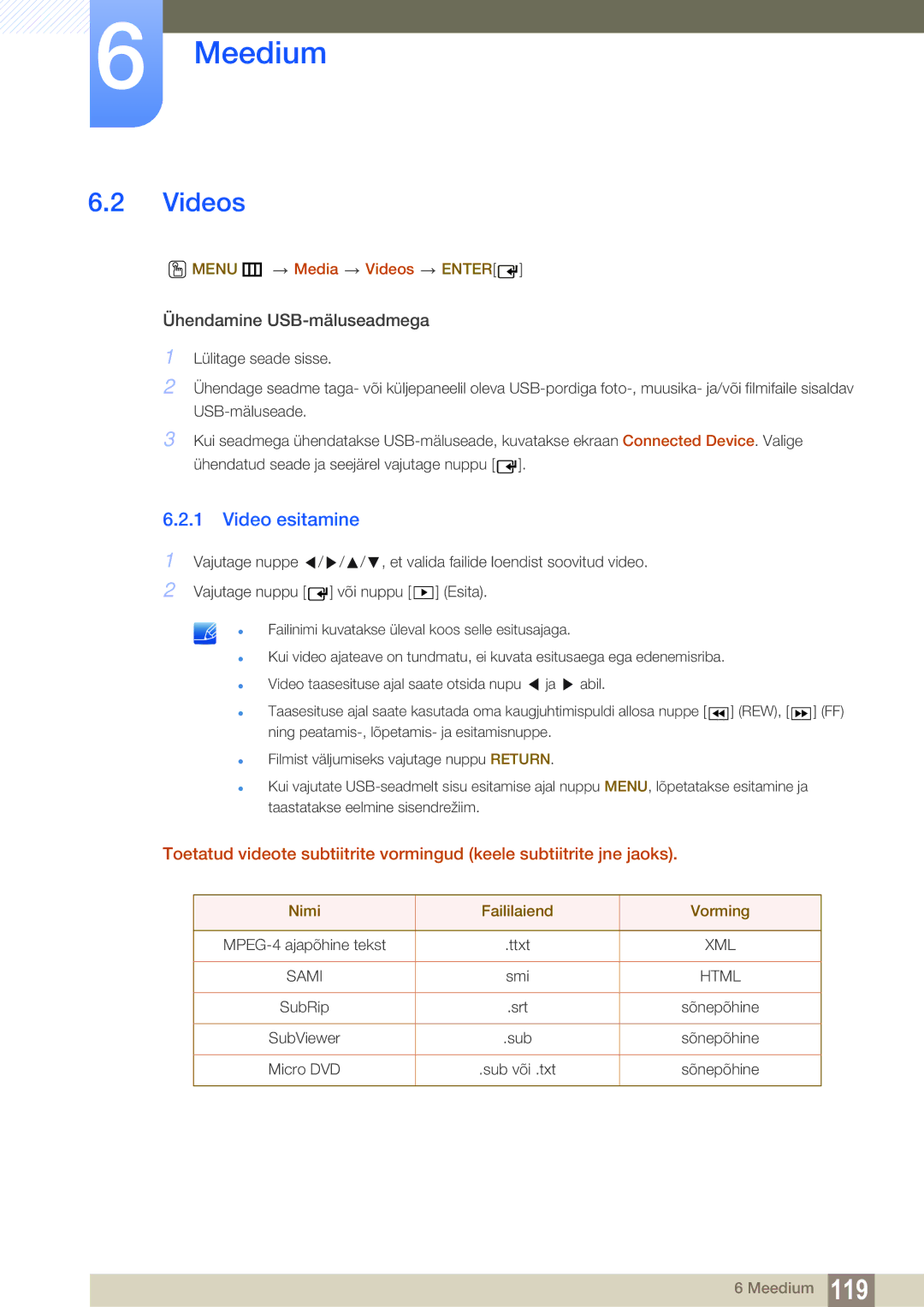 Samsung LH55MEBPLGC/EN manual Video esitamine, Menu m Media Videos Enter, Nimi Faililaiend Vorming 