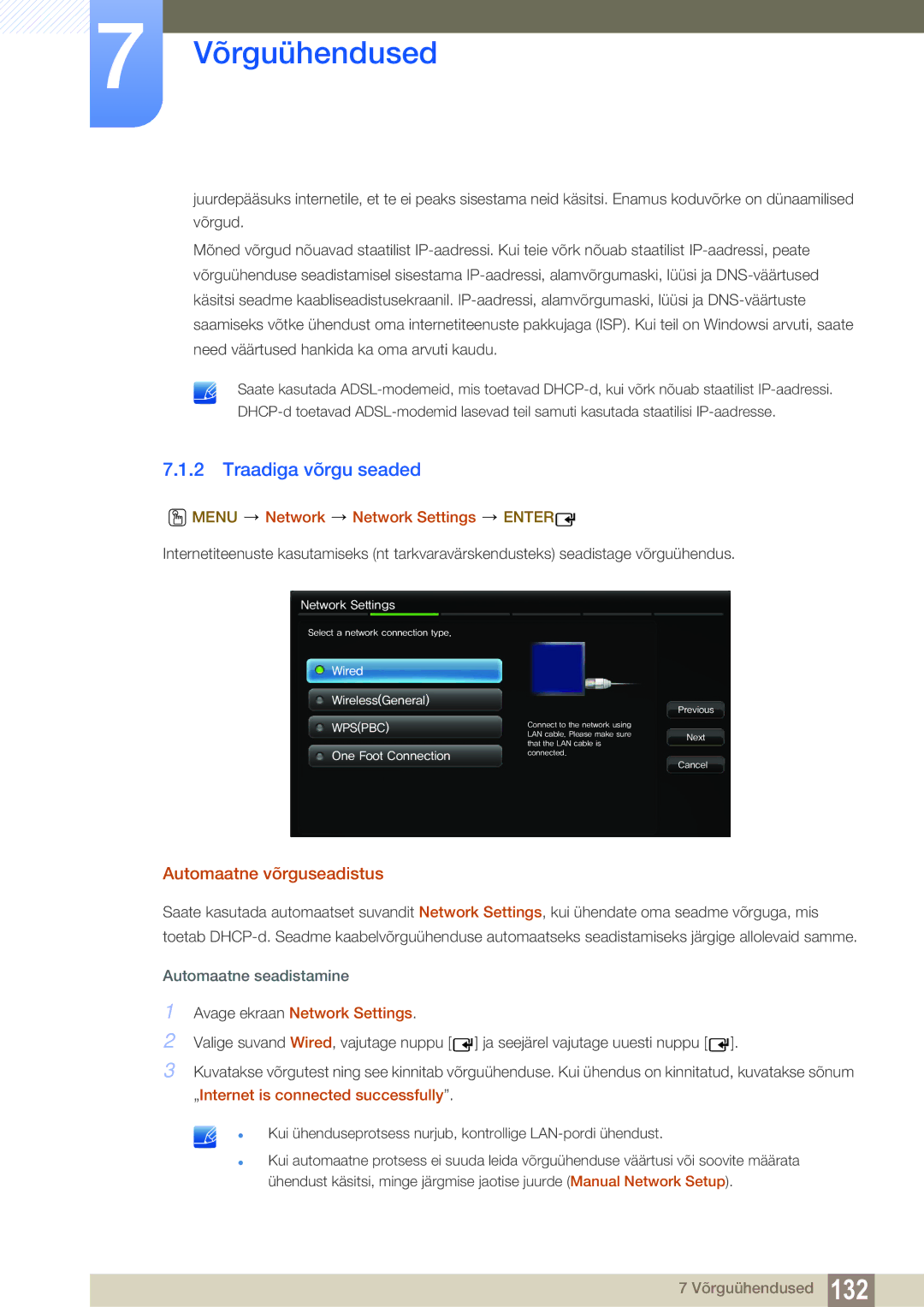 Samsung LH55MEBPLGC/EN manual Traadiga võrgu seaded, Automaatne võrguseadistus, Menu Network Network Settings Enter 