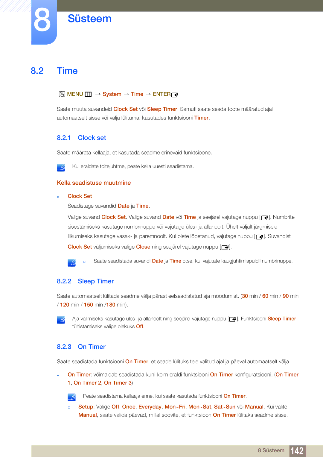 Samsung LH55MEBPLGC/EN manual Clock set, Sleep Timer, On Timer, Kella seadistuse muutmine 