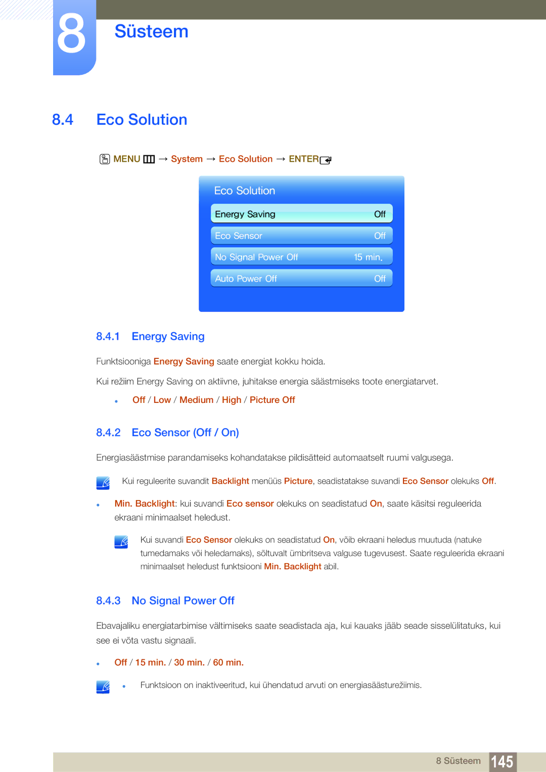 Samsung LH55MEBPLGC/EN manual Eco Solution, Energy Saving, Eco Sensor Off / On, No Signal Power Off 