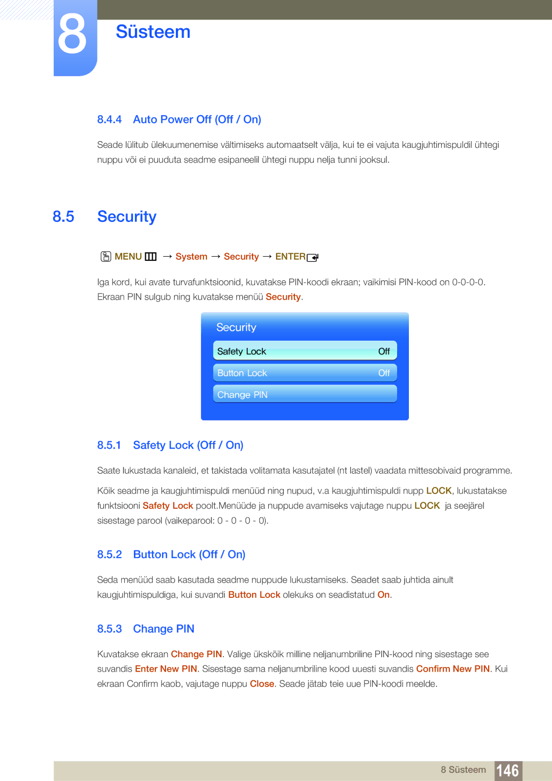 Samsung LH55MEBPLGC/EN manual Security, Auto Power Off Off / On, Safety Lock Off / On, Button Lock Off / On, Change PIN 