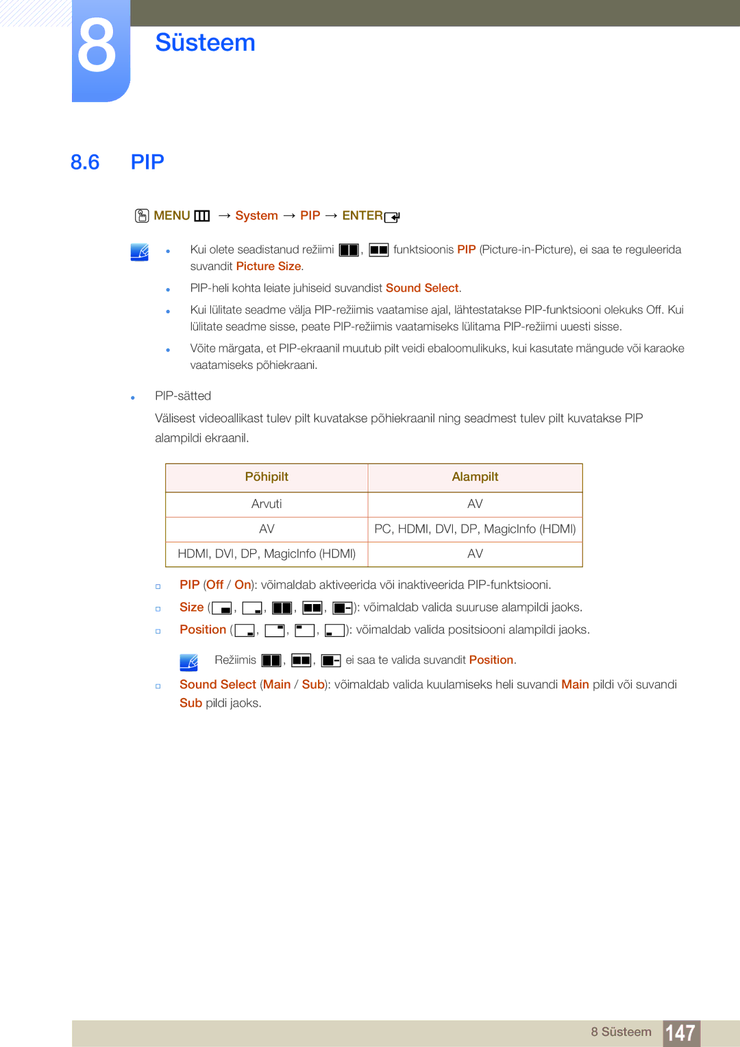 Samsung LH55MEBPLGC/EN manual Pip, Menu m System PIP Enter, Põhipilt Alampilt, Size, Position 