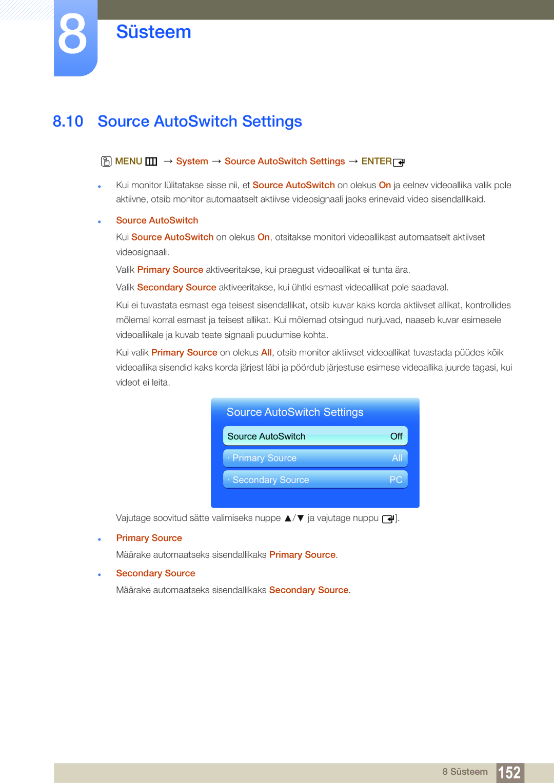 Samsung LH55MEBPLGC/EN manual Menu m System Source AutoSwitch Settings Enter, Primary Source, Secondary Source 