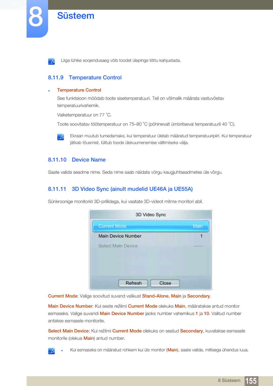 Samsung LH55MEBPLGC/EN manual Temperature Control, Device Name, 11.11 3D Video Sync ainult mudelid UE46A ja UE55A 