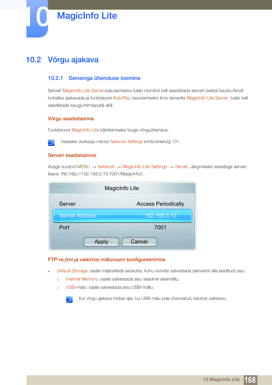 Samsung LH55MEBPLGC/EN manual 10.2 Võrgu ajakava, Serveriga ühenduse loomine, Võrgu seadistamine, Serveri seadistamine 