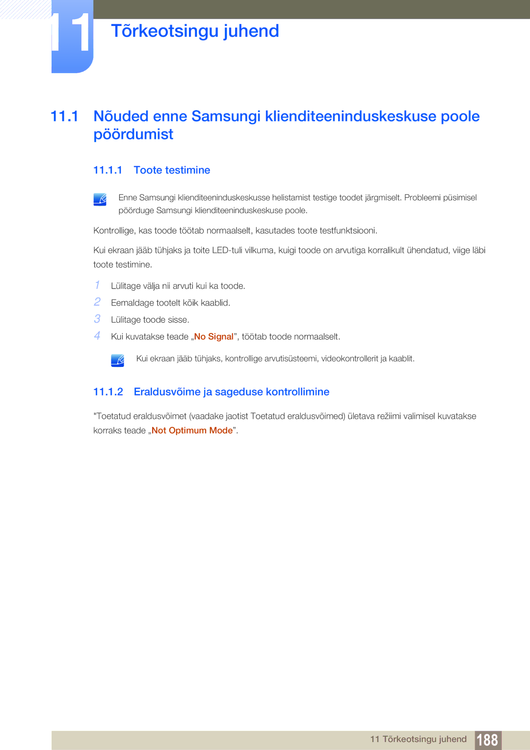 Samsung LH55MEBPLGC/EN manual 11 Tõrkeotsingu juhend, Toote testimine, Eraldusvõime ja sageduse kontrollimine 