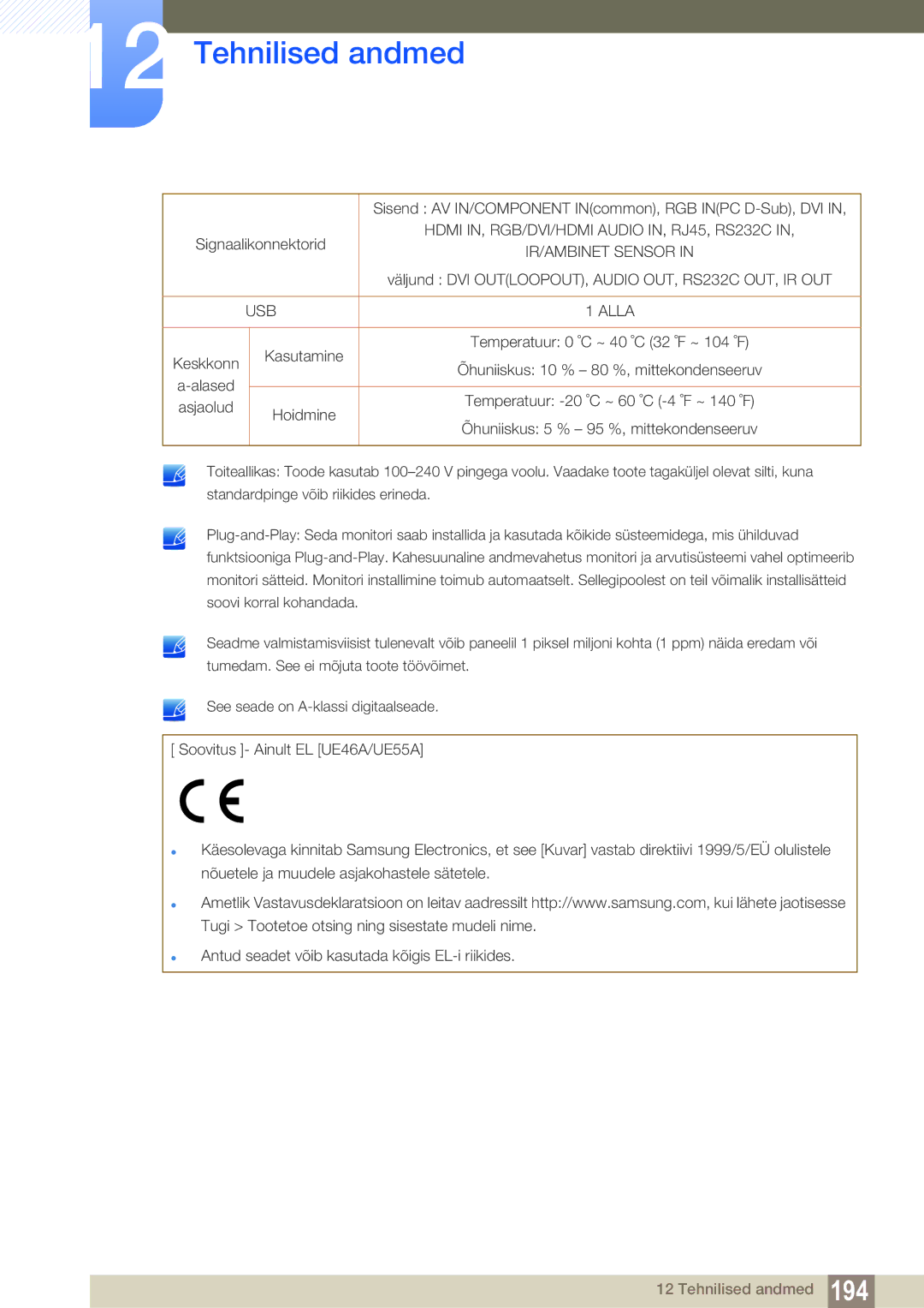 Samsung LH55MEBPLGC/EN manual Sisend AV IN/COMPONENT INcommon, RGB Inpc D-Sub, DVI, Alased, Asjaolud Hoidmine 