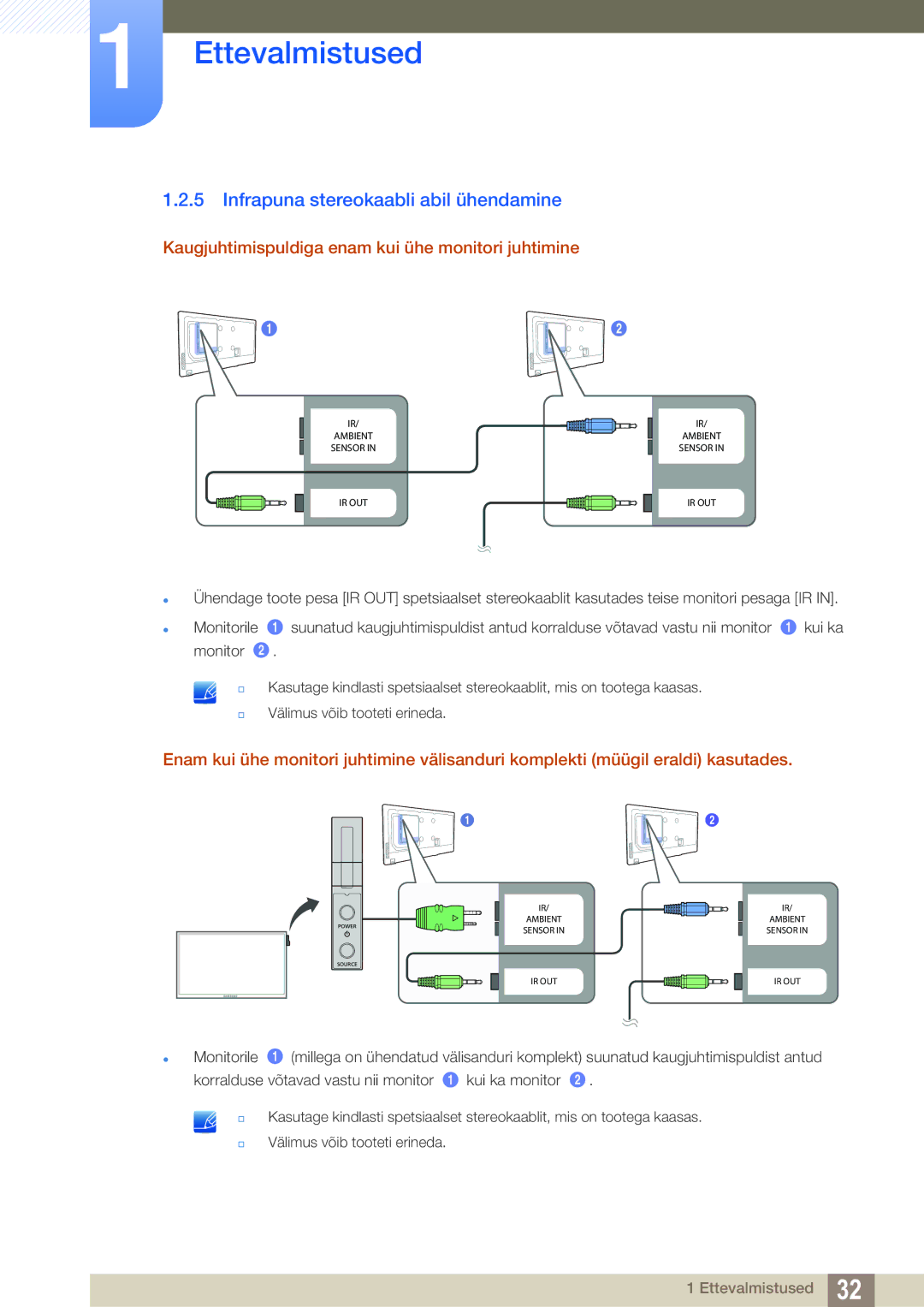 Samsung LH55MEBPLGC/EN manual Infrapuna stereokaabli abil ühendamine, Kaugjuhtimispuldiga enam kui ühe monitori juhtimine 