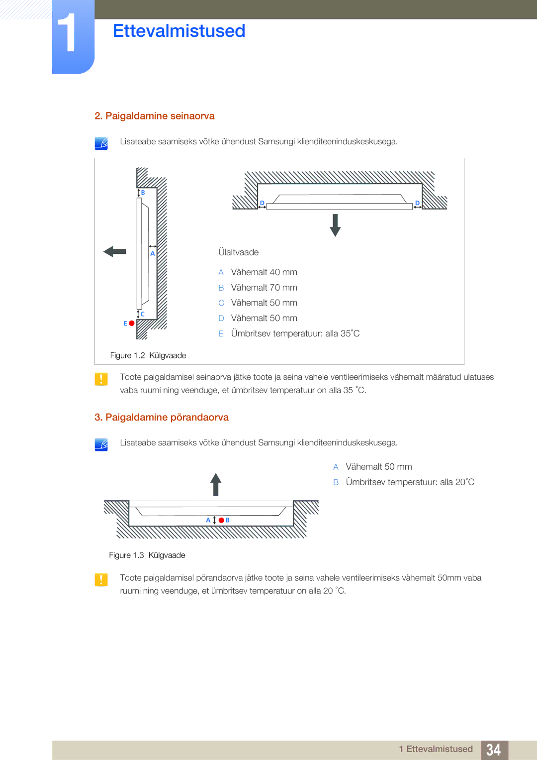 Samsung LH55MEBPLGC/EN manual Paigaldamine seinaorva, Paigaldamine põrandaorva 