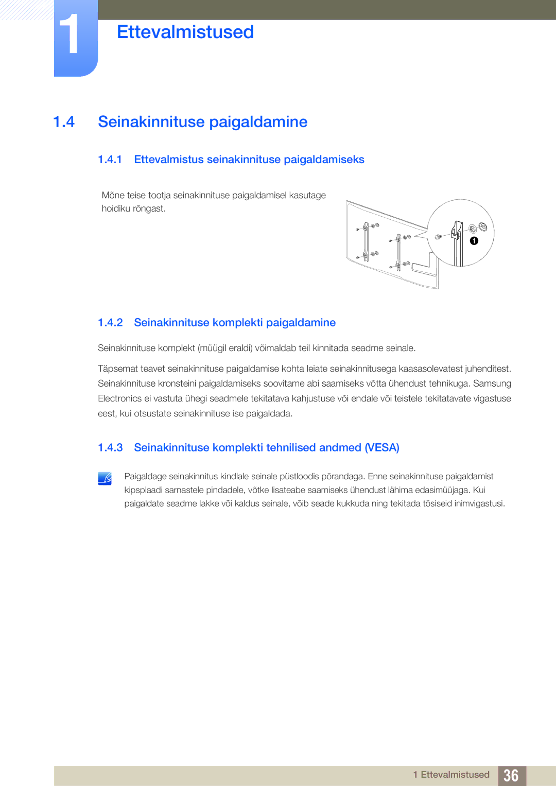 Samsung LH55MEBPLGC/EN manual Seinakinnituse paigaldamine, Ettevalmistus seinakinnituse paigaldamiseks 