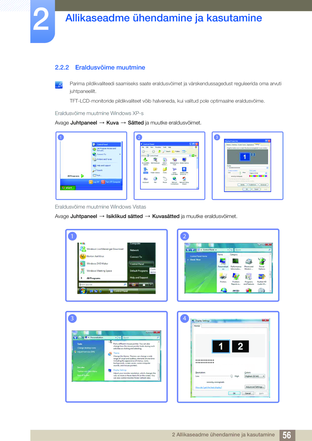 Samsung LH55MEBPLGC/EN manual Eraldusvõime muutmine Windows XP-s, Eraldusvõime muutmine Windows Vistas 