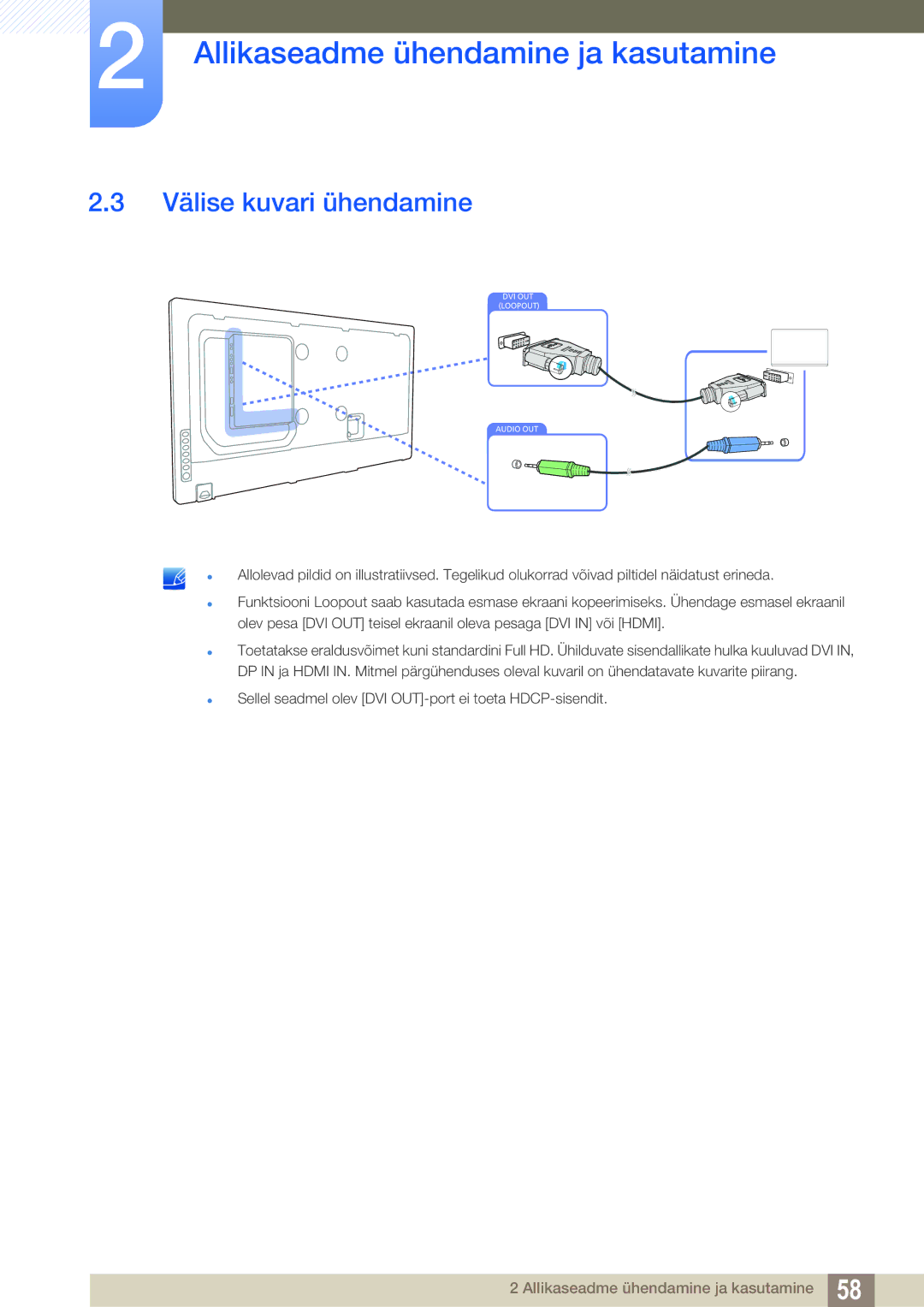 Samsung LH55MEBPLGC/EN manual Välise kuvari ühendamine, Sellel seadmel olev DVI OUT-port ei toeta HDCP-sisendit 