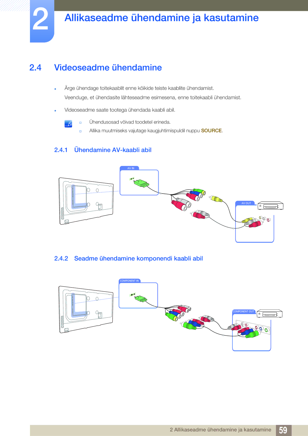 Samsung LH55MEBPLGC/EN manual Videoseadme ühendamine, 1 Ühendamine AV-kaabli abil, Seadme ühendamine komponendi kaabli abil 