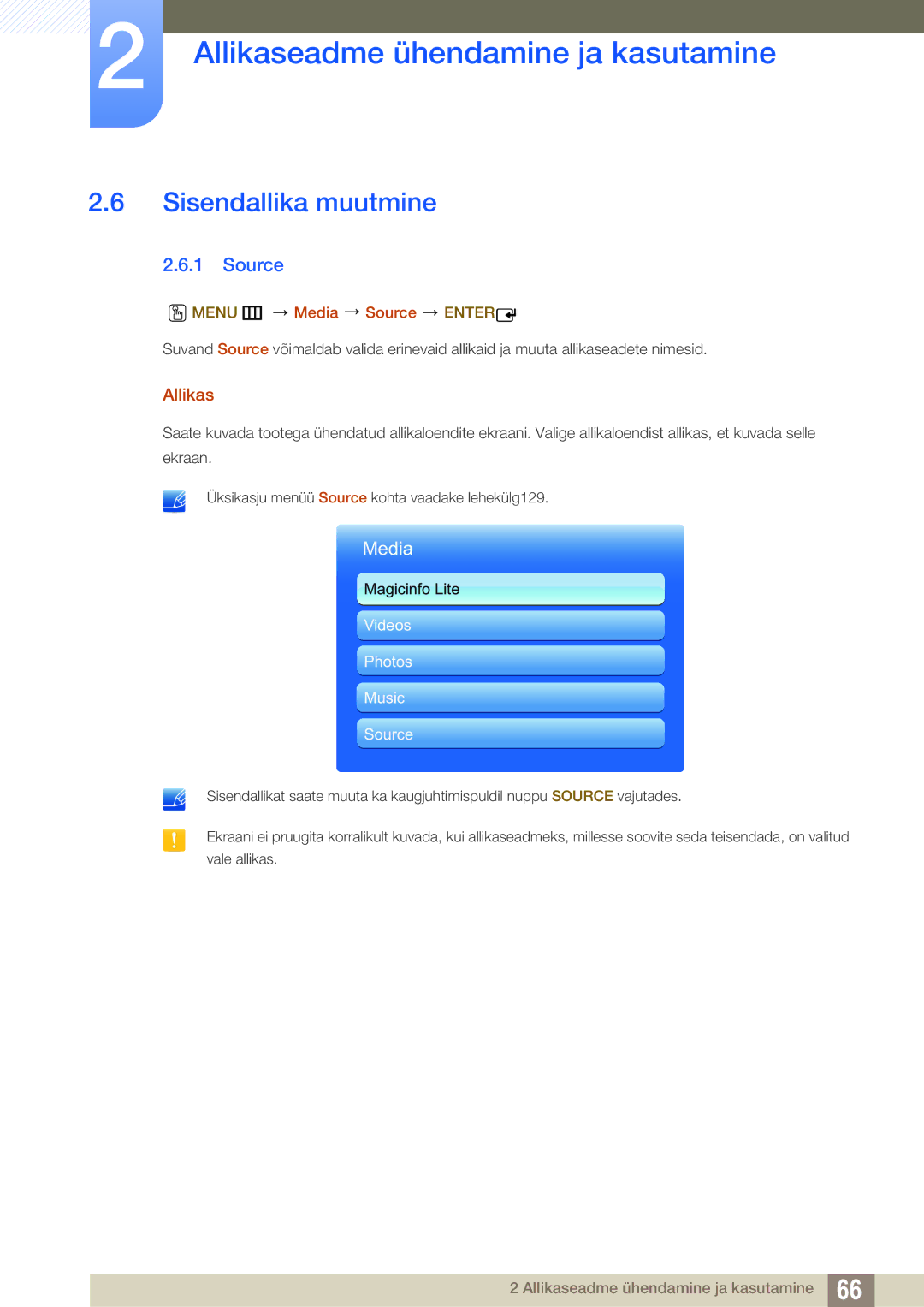 Samsung LH55MEBPLGC/EN manual Sisendallika muutmine, Allikas, Menu m Media Source Enter 