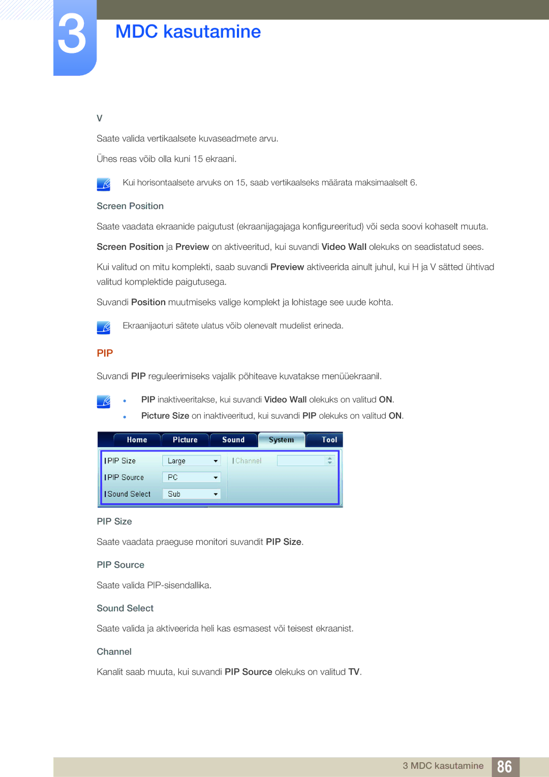 Samsung LH55MEBPLGC/EN manual Screen Position, PIP Size, Sound Select 