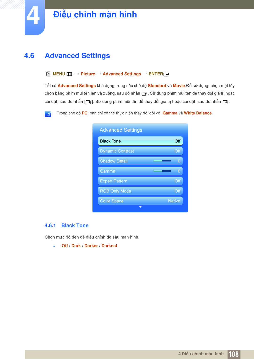 Samsung LH55MEBPLGC/XY manual Black Tone, Menu m Picture Advanced Settings Enter,  Off / Dark / Darker / Darkest 
