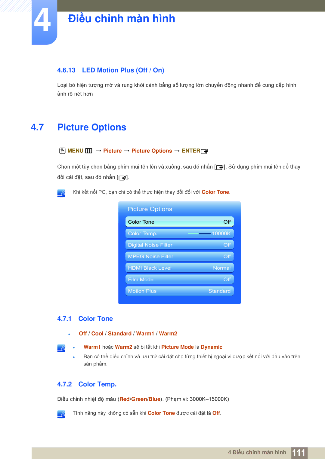 Samsung LH55MEBPLGC/XS, LH55MEBPLGC/XY manual Picture Options, LED Motion Plus Off / On, Color Tone, Color Temp 