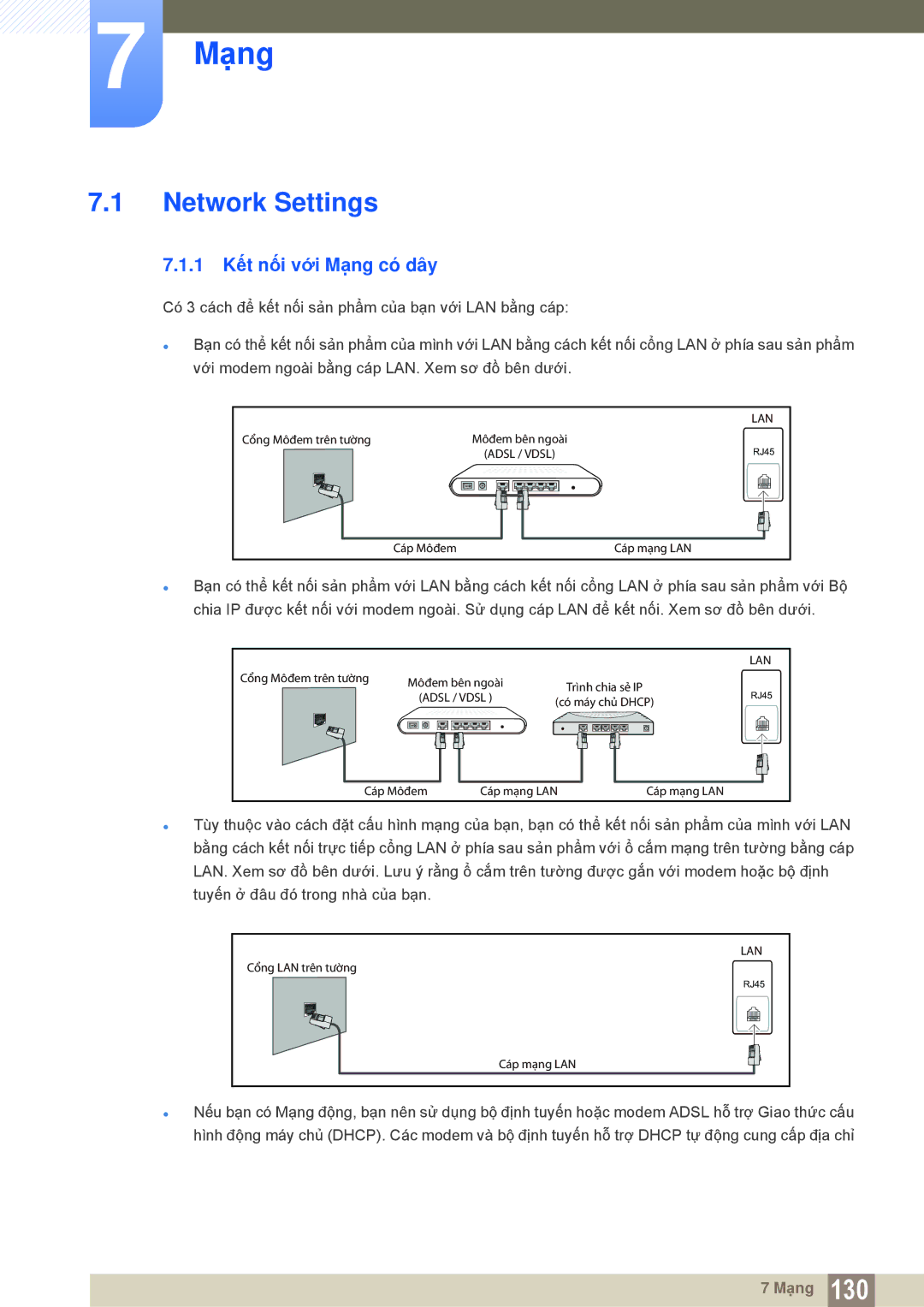 Samsung LH55MEBPLGC/XY, LH55MEBPLGC/XS manual Network Settings, 1 Kết nối với Mạng có dây 