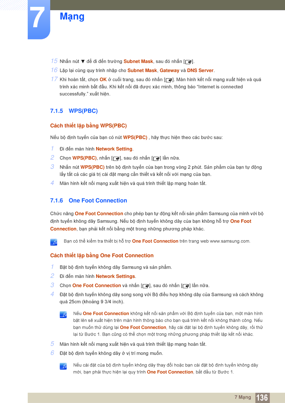 Samsung LH55MEBPLGC/XY, LH55MEBPLGC/XS manual Cách thiết lập bằng Wpspbc, Cách thiết lập bằng One Foot Connection 