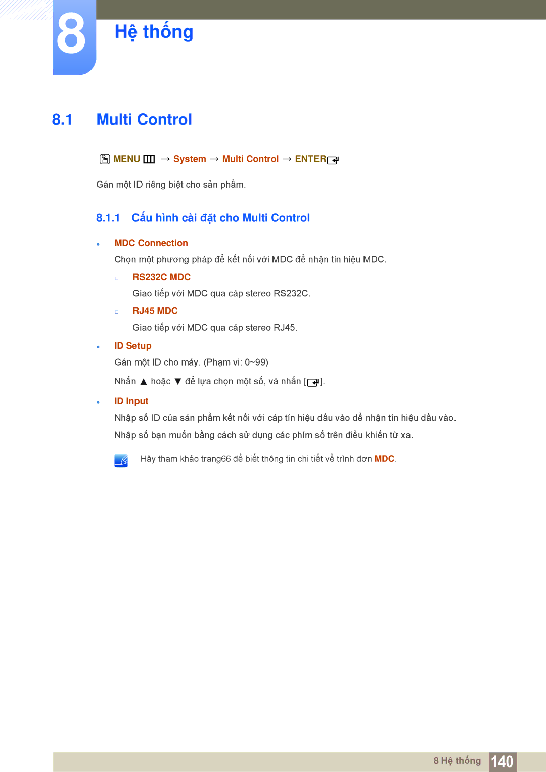 Samsung LH55MEBPLGC/XY, LH55MEBPLGC/XS manual Hệ thống, Multi Control, ID Setup, ID Input 