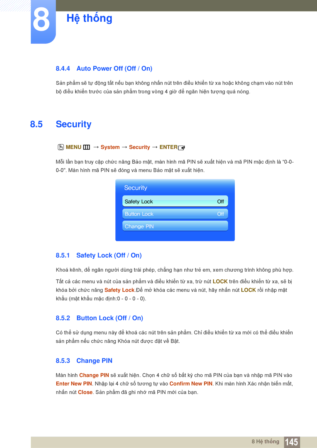 Samsung LH55MEBPLGC/XS manual Security, Auto Power Off Off / On, Safety Lock Off / On, Button Lock Off / On, Change PIN 