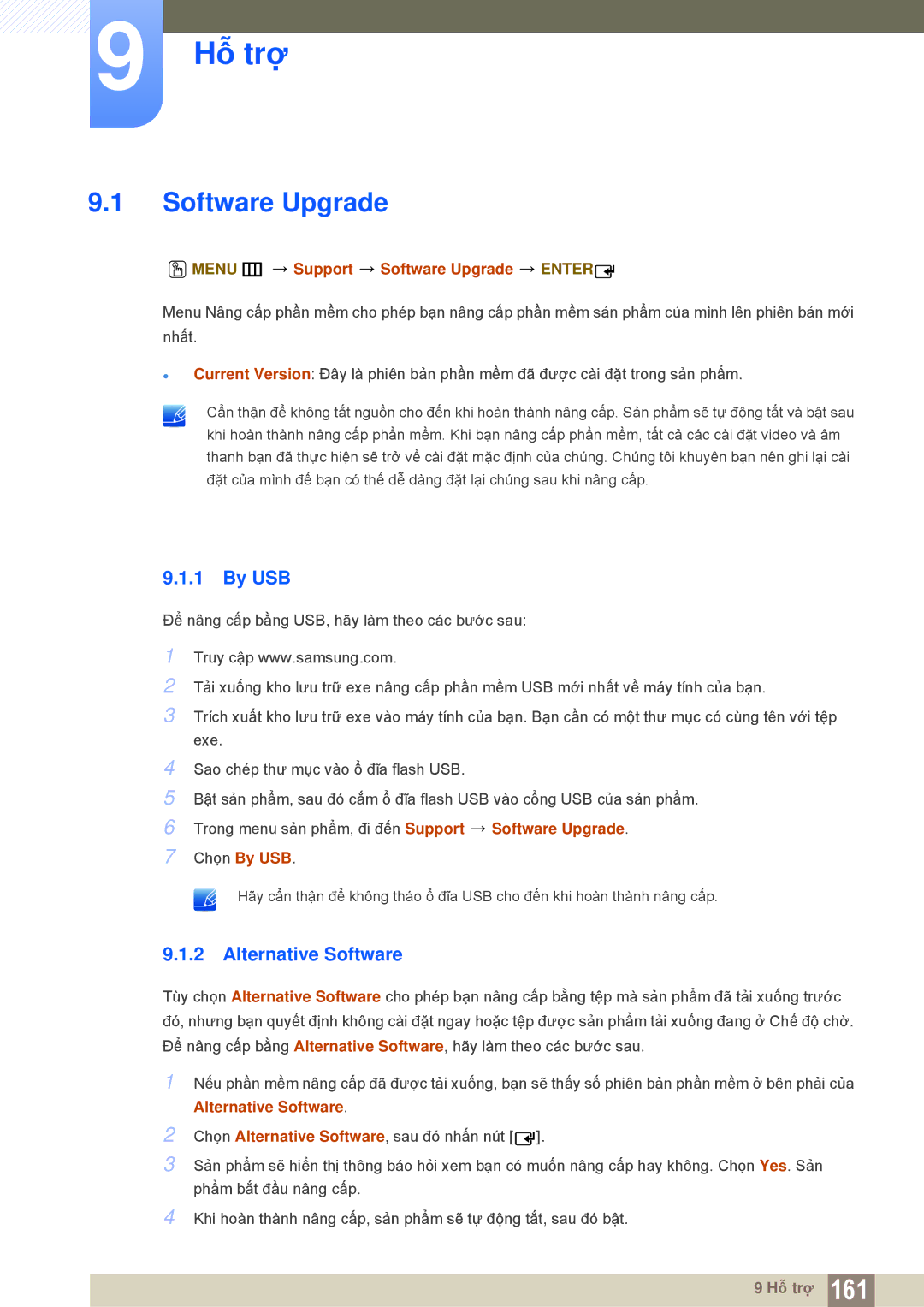 Samsung LH55MEBPLGC/XS, LH55MEBPLGC/XY manual Hỗ trợ, Software Upgrade, By USB, Alternative Software 