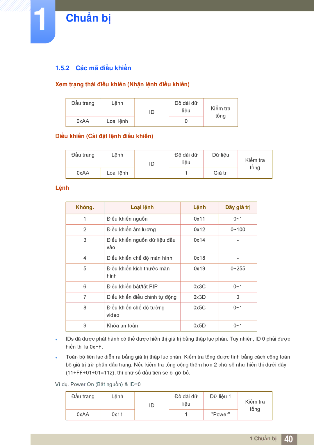 Samsung LH55MEBPLGC/XY, LH55MEBPLGC/XS manual 2 Các mã điều khiển, Xem trạng thái điều khiển Nhận lệnh điều khiển, Lệnh 