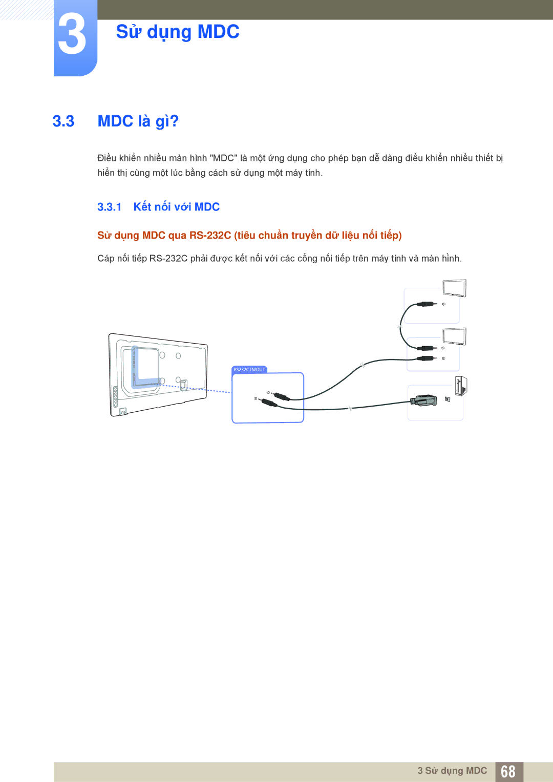 Samsung LH55MEBPLGC/XY manual MDC là gì?, 1 Kết nối với MDC, Sử dụng MDC qua RS-232C tiêu chuẩn truyền dữ liệu nối tiếp 