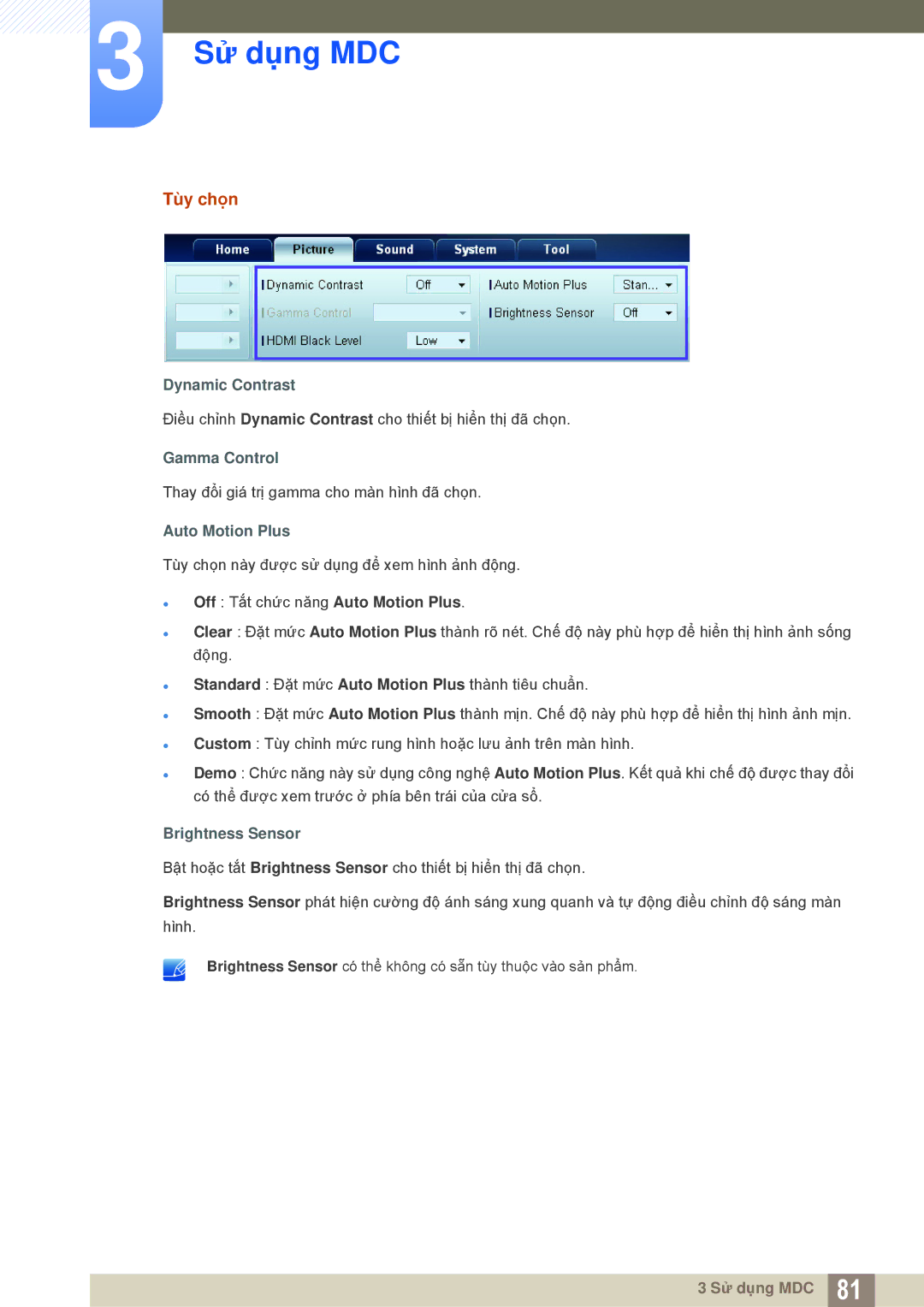 Samsung LH55MEBPLGC/XS, LH55MEBPLGC/XY manual Tùy chọn, Dynamic Contrast, Gamma Control, Auto Motion Plus, Brightness Sensor 