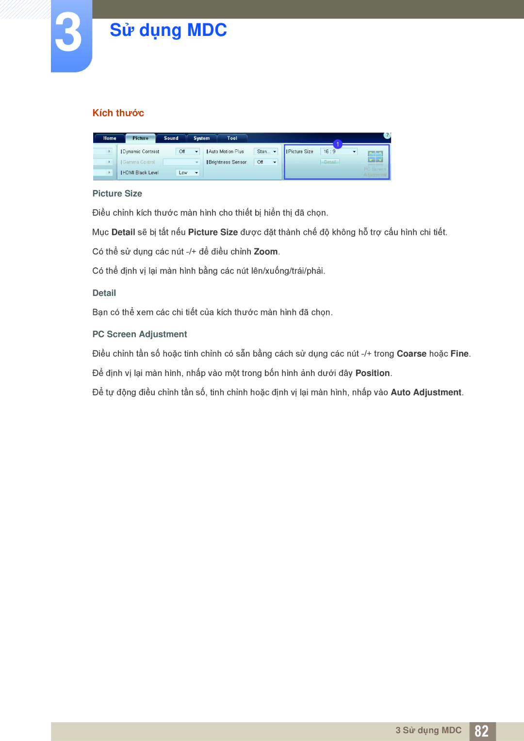 Samsung LH55MEBPLGC/XY, LH55MEBPLGC/XS manual Kích thước, Picture Size, Detail, PC Screen Adjustment 