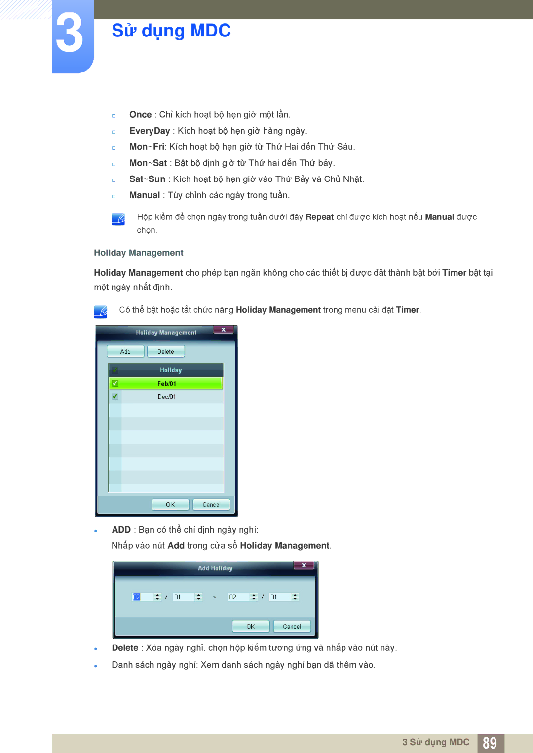 Samsung LH55MEBPLGC/XS, LH55MEBPLGC/XY manual Holiday Management 