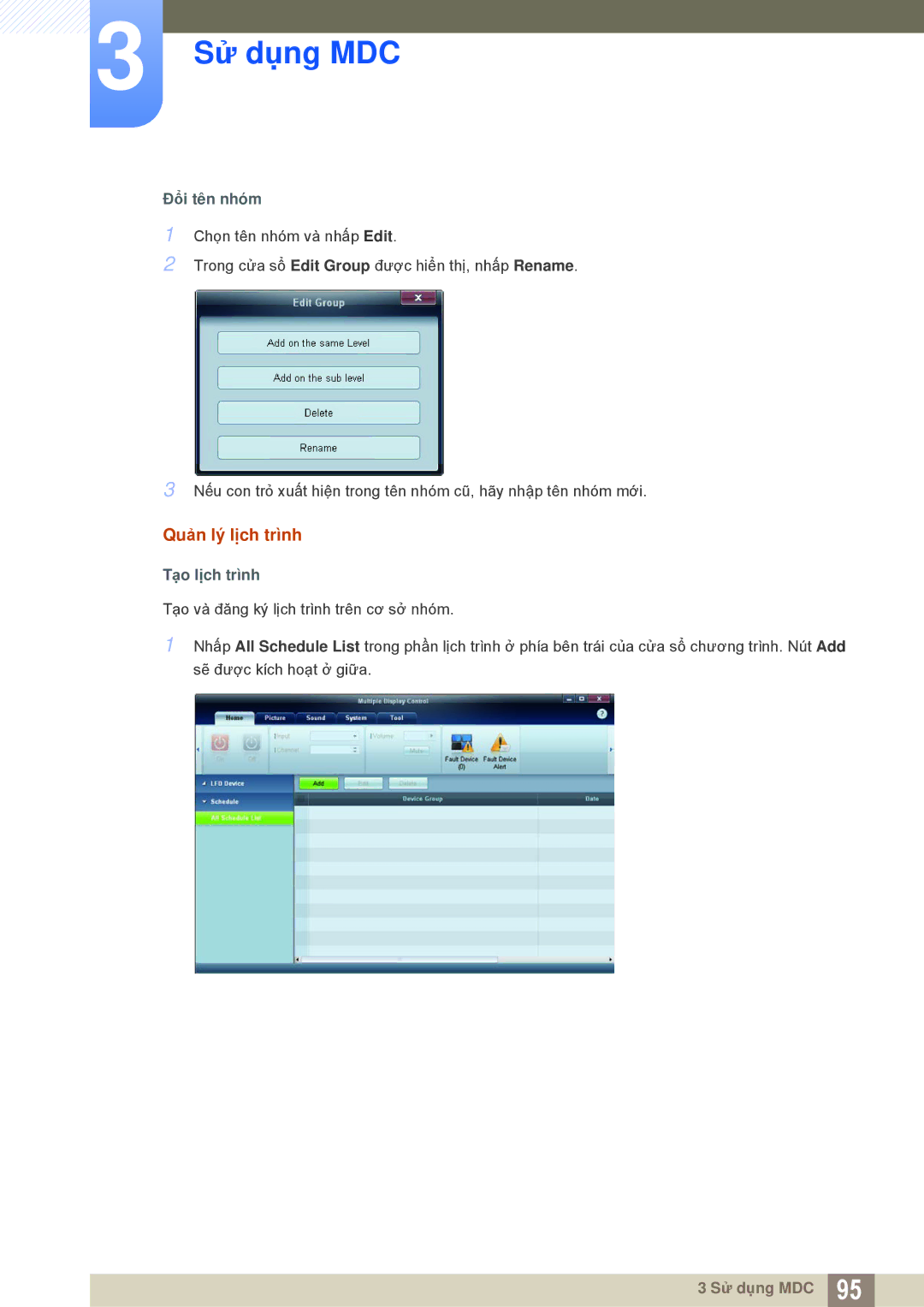 Samsung LH55MEBPLGC/XS, LH55MEBPLGC/XY manual Quản lý lịch trình, Đổi tên nhóm, Tạo lịch trình 