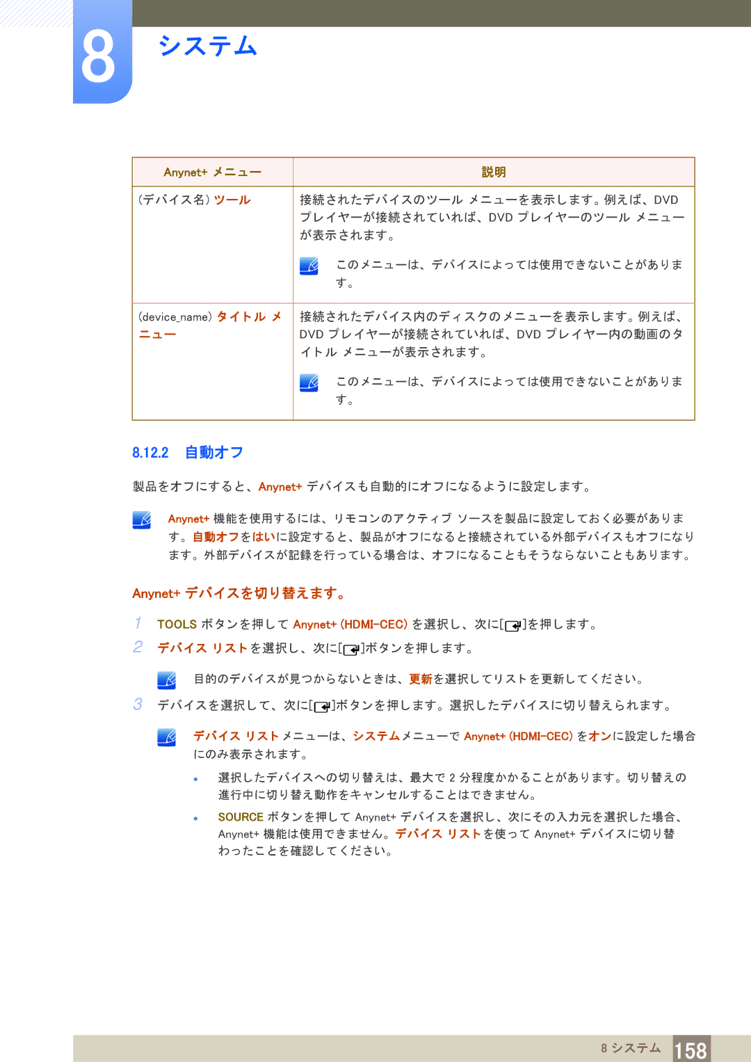 Samsung LH40MEPLGC/XJ, LH55MEPLGC/XJ, LH55UEPLGC/XJ, LH55UEAPLGC/XJ, LH46UEPLGC/XJ manual 12.2 自動オフ, Anynet+ デバイスを切り替えます。 