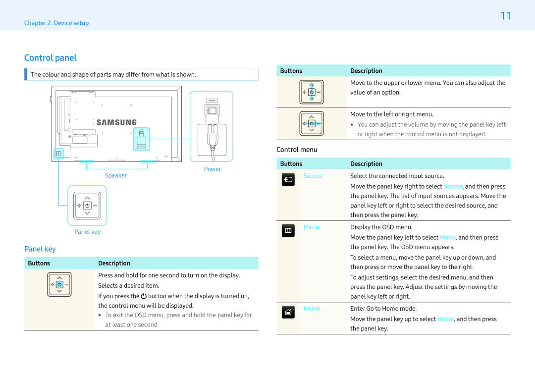 Samsung LH55MLEPLSC/NG, LH55MLEPLSC/EN, LH32MLEPLSC/EN, LH32MLEPLSC/NG, LH55MLEPLSC/XY Control panel, Panel key, Control menu 